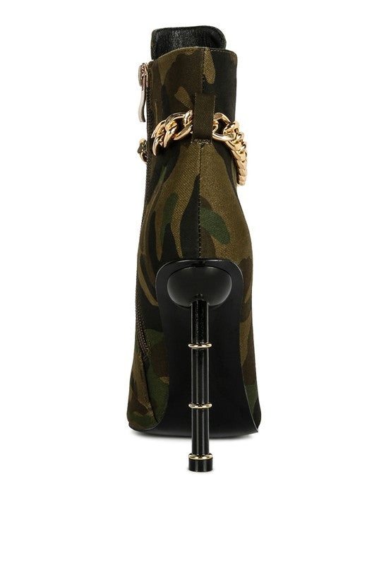 Rag Company moulin ringed stiletto booties in camouflage print with a stylish gold chain detail