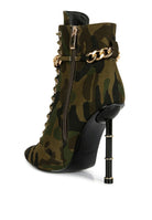 Rag Company moulin ringed stiletto booties in camo print with gold chain detail and side zipper