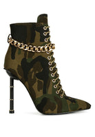 Rag Company Moulin ringed stiletto booties in camo print with gold chain detailing and pointed toe