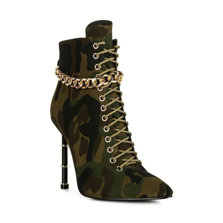 Rag Company Moulin ringed stiletto booties in camouflage with lace-up front and chain detail