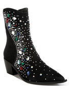 Rag Company multi color embellished boots with sparkling gems on a stylish black ankle design