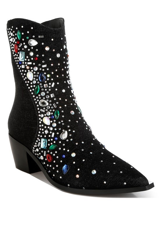 Rag Company multi color embellished boots with sparkling gems on a stylish black ankle design