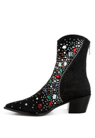 Rag Company multi color embellished boots with a pointed toe and decorative jewels on the side