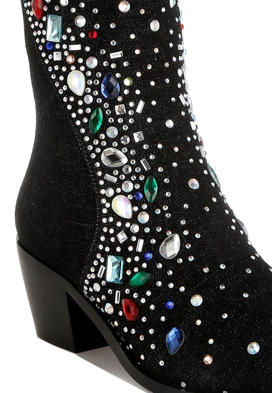 Rag Company multi color embellished boots featuring sparkling jewels and a stylish ankle design