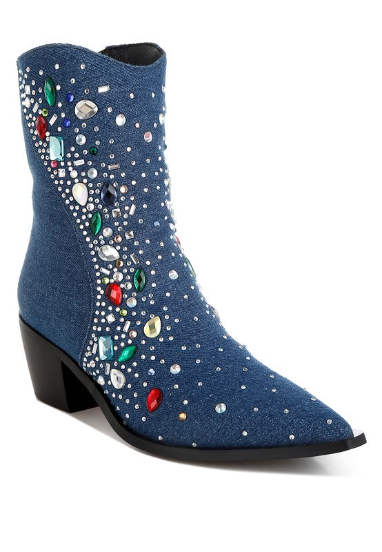 Multi color embellished boots by Rag Company featuring decorative gems and a stylish design