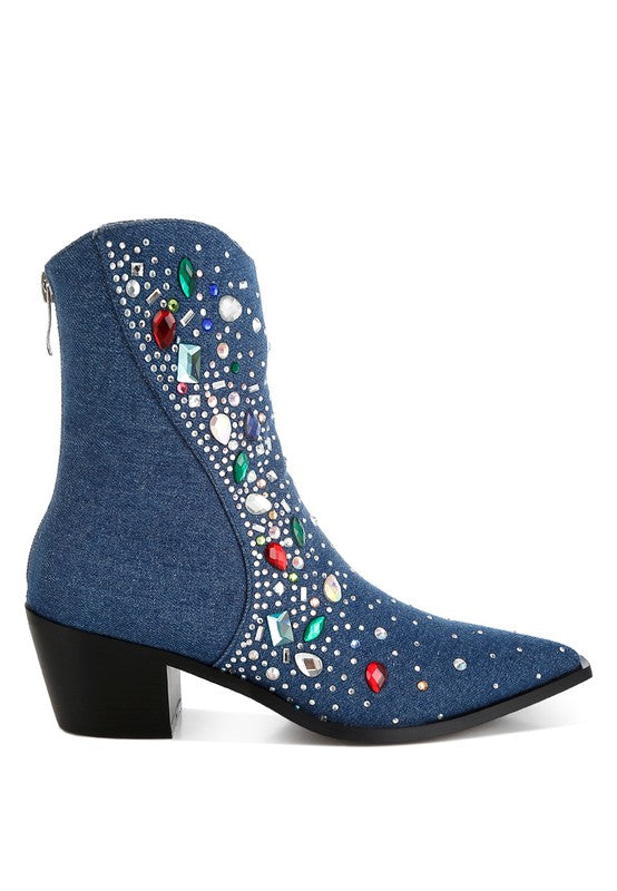 Rag Company multi color embellished boots featuring a stylish denim design and decorative gems
