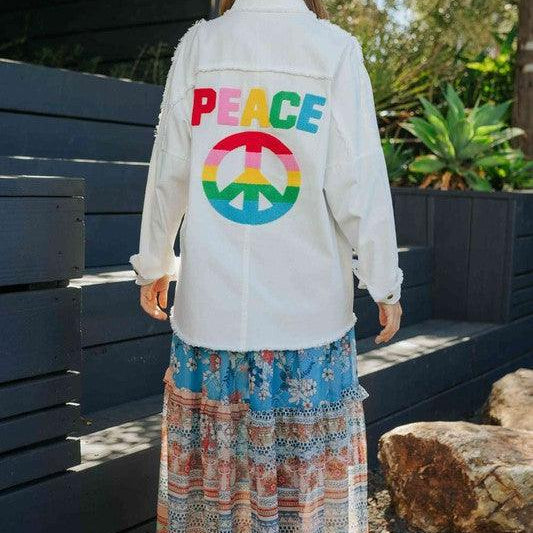 Women's Shirts Multi Color Lettering Peace Symbol Button Up Shirt