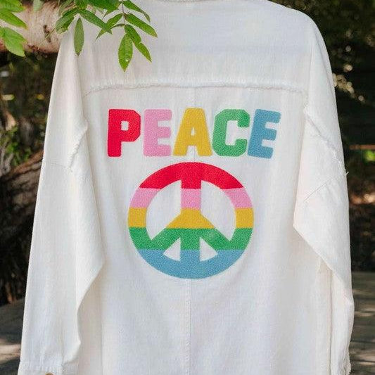 Women's Shirts Multi Color Lettering Peace Symbol Button Up Shirt
