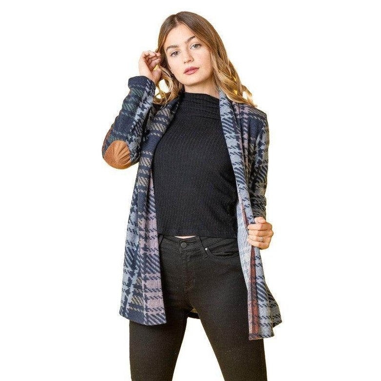 Multi Color Plaid Elbow Patch Cardigan - VacationGrabs