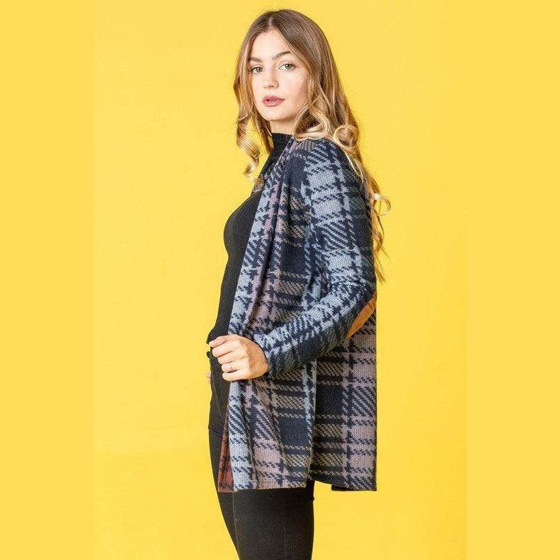 Multi Color Plaid Elbow Patch Cardigan - VacationGrabs