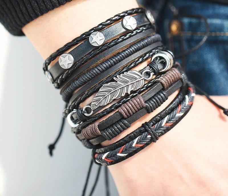 Stylish multi-layered bracelets for men featuring leather and metal accents for a trendy look