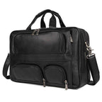 Multi pocket leather briefcase 17 inch in black with ample storage and adjustable shoulder strap