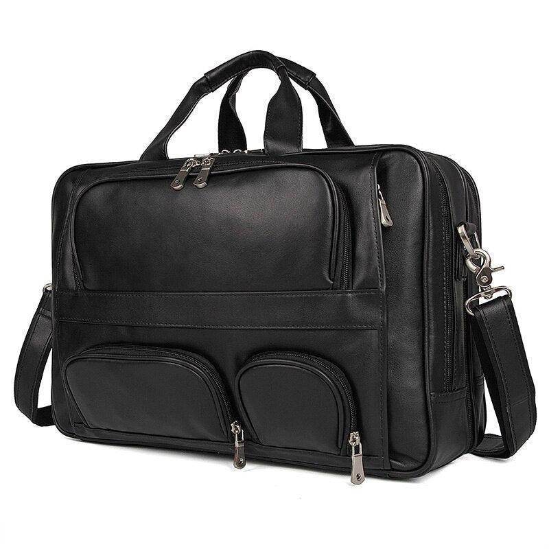 Multi pocket leather briefcase 17 inch in black with ample storage and adjustable shoulder strap