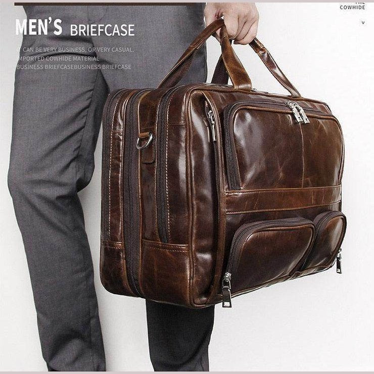 Multi pocket leather briefcase 17 inch in brown leather with multiple compartments for organization