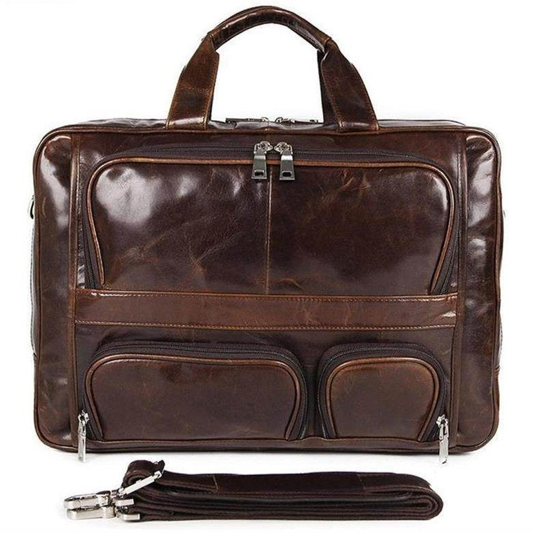 Multi pocket leather briefcase 17 inch in dark brown with durable construction and multiple storage options