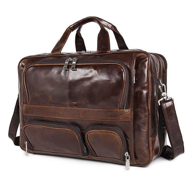 Multi pocket leather briefcase 17 inch in brown with multiple compartments for organization