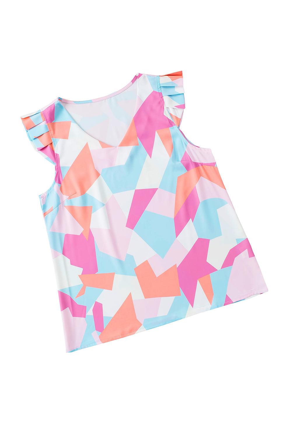 Women's Shirts Multicolor Pastel Print V-Neck Pleated Cap Sleeve Top