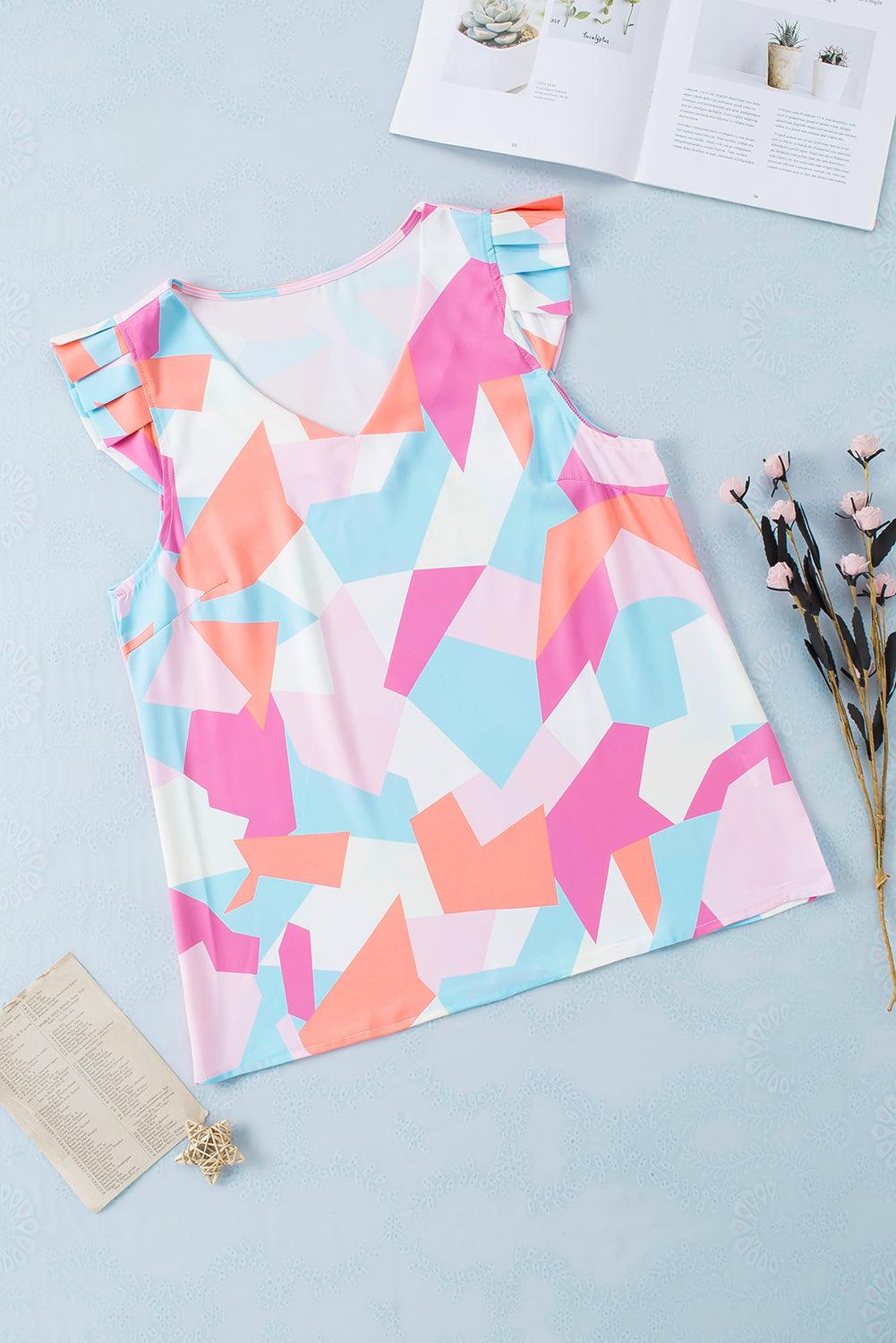 Women's Shirts Multicolor Pastel Print V-Neck Pleated Cap Sleeve Top
