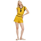 Fashionable mustard floral lace shorts by Pleione, perfect for summer outings and casual wear