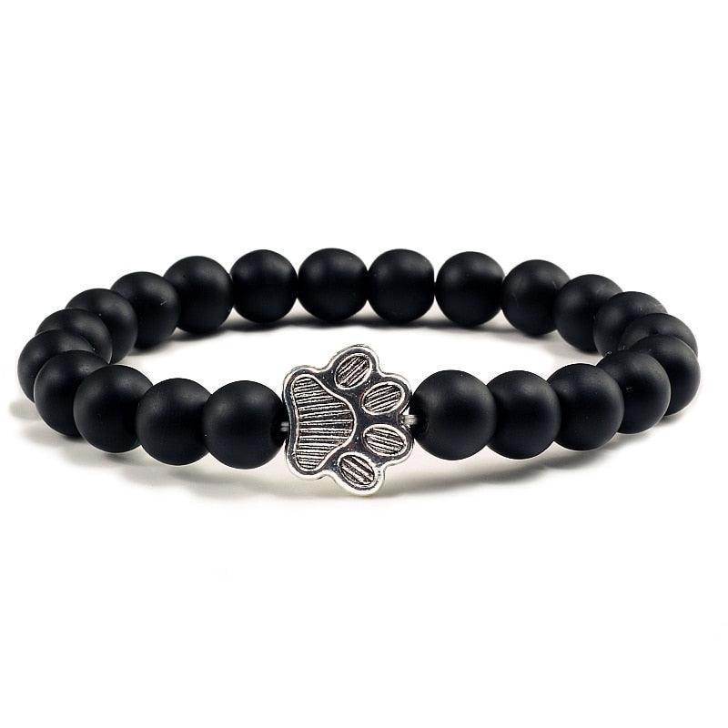  Natural Matte Black Lava Volcanic Stone Dog Paw Print Bracelet