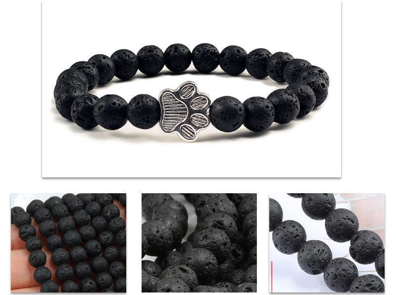  Natural Matte Black Lava Volcanic Stone Dog Paw Print Bracelet