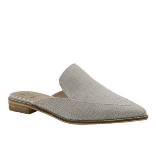 Let's See Style beige pointed toe mules for women with textured fabric flats and low wooden heel
