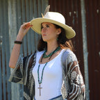 Model wearing natural turquoise gemstone earrings with a stylish outfit and wide-brim hat