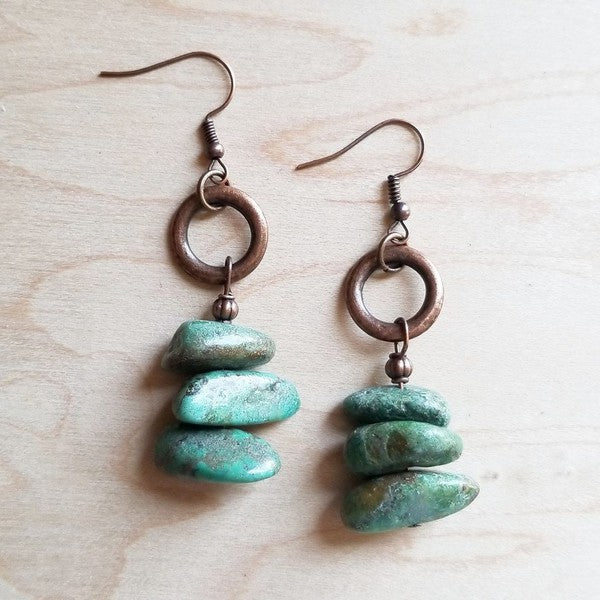 Natural turquoise gemstone earrings with stacked stones and rustic metal hoops