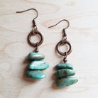 Natural turquoise gemstone earrings with stacked stones and rustic metal hoops