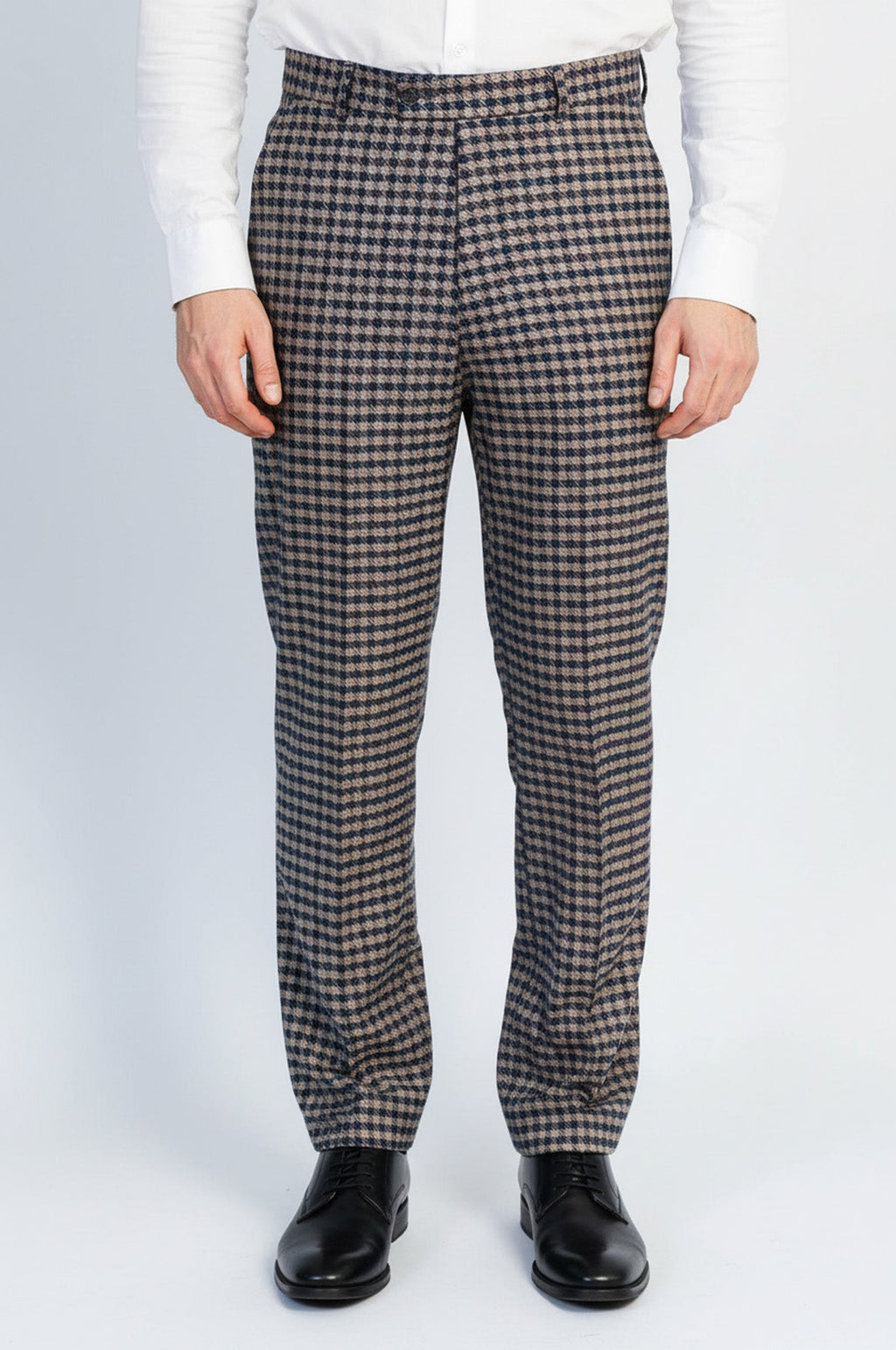 Navy Beige Checkered Fabric Trousers – front view
