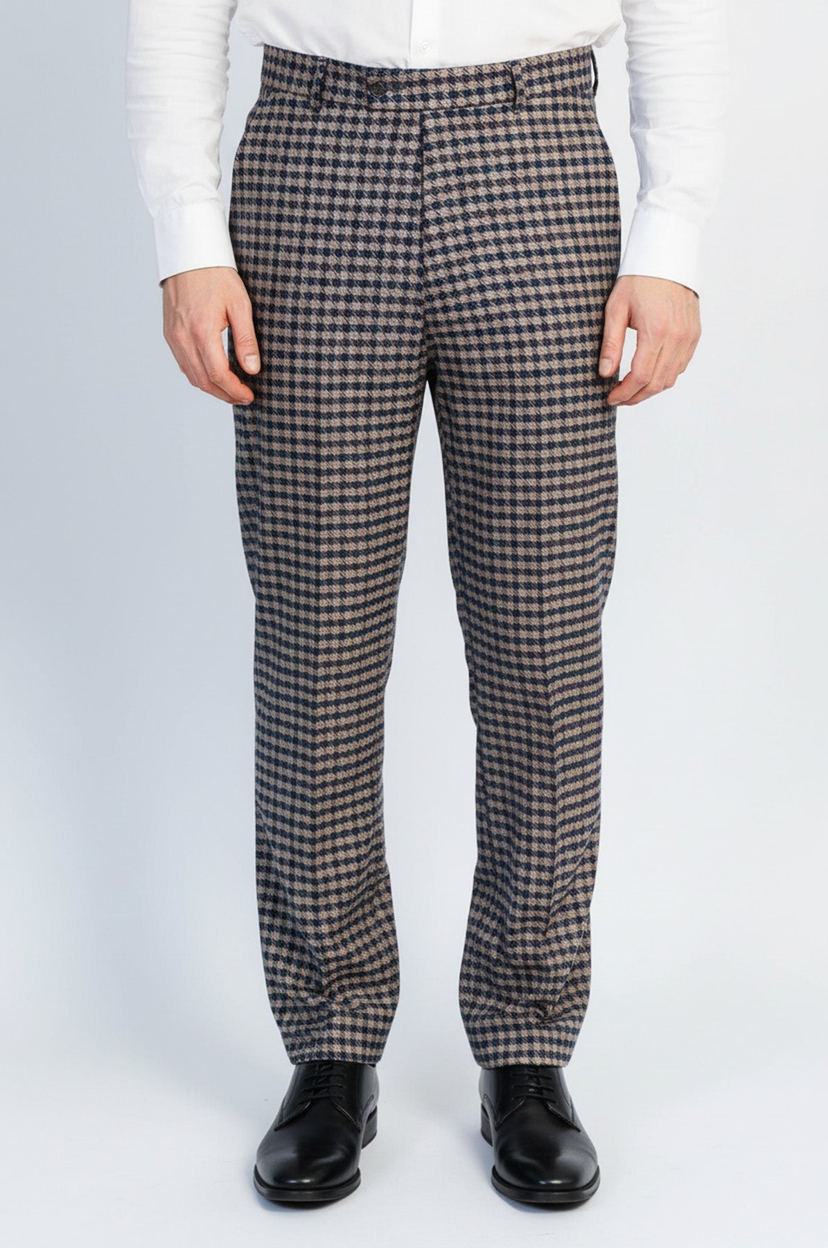Navy Beige Checkered Fabric Trousers – front view