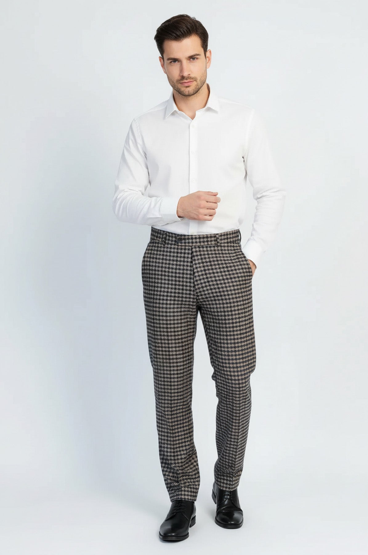 Navy Beige Checkered Fabric Trousers – side view