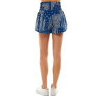 Back view of TCEC women's navy blue athletic shorts featuring a stylish patterned design