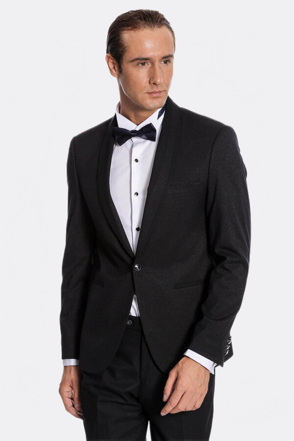 Navy Blue Shawl Lapel Tuxedo by Wessi – styled view