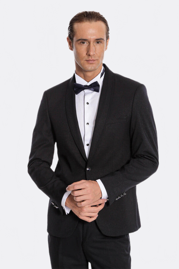 Navy Blue Shawl Lapel Tuxedo by Wessi – angled view
