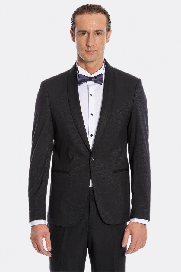 Navy Blue Shawl Lapel Tuxedo by Wessi – collar detail view