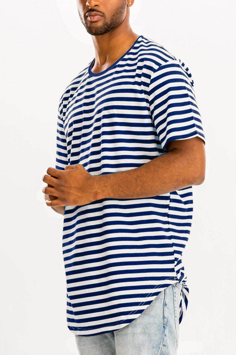 Navy Blue Striped Round Neck Tshirt - VacationGrabs
