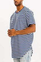 Navy Blue Striped Round Neck Tshirt - VacationGrabs