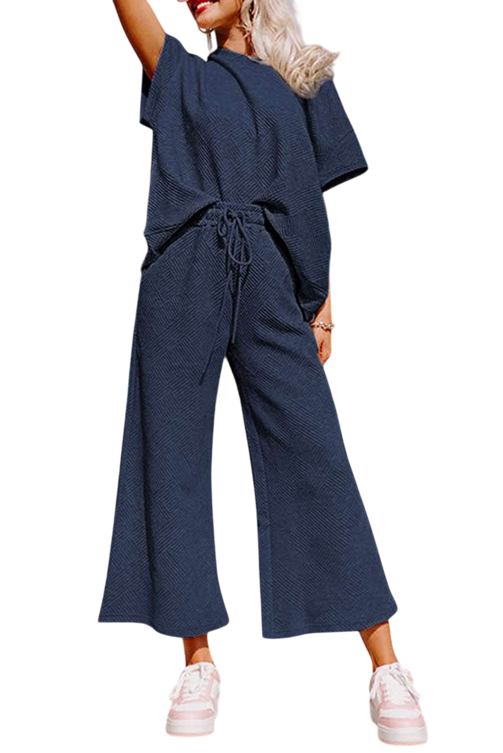 Vacation Outfits for Women - Navy Blue Textured Loose Fit T