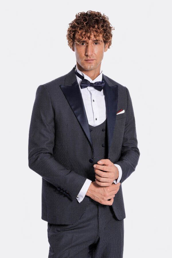 Navy Blue Tuxedo Suit – collar detail view