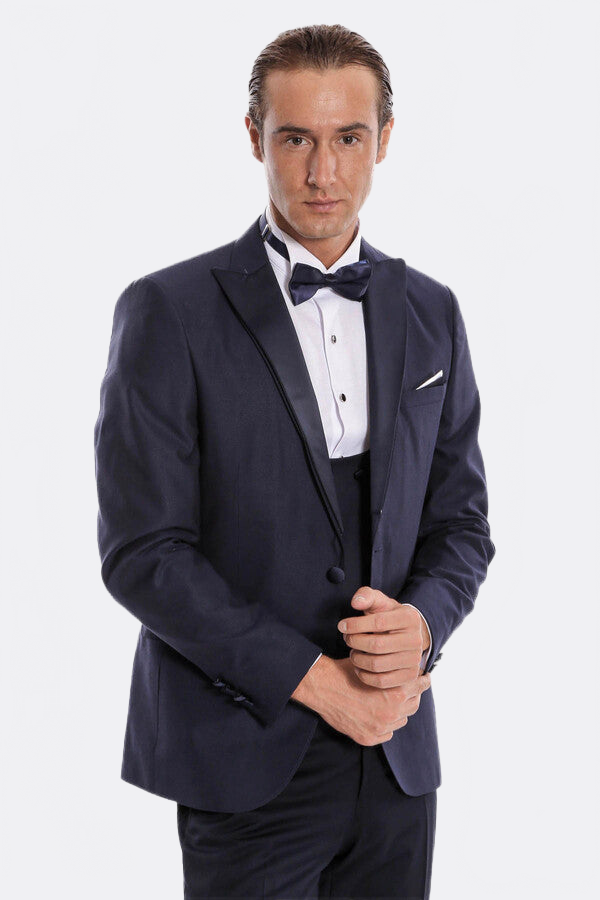 Navy Blue Vested Tuxedo – collar detail view