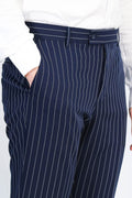 Navy Blue White Pinstripe Slim Fit Dress Trousers – front view