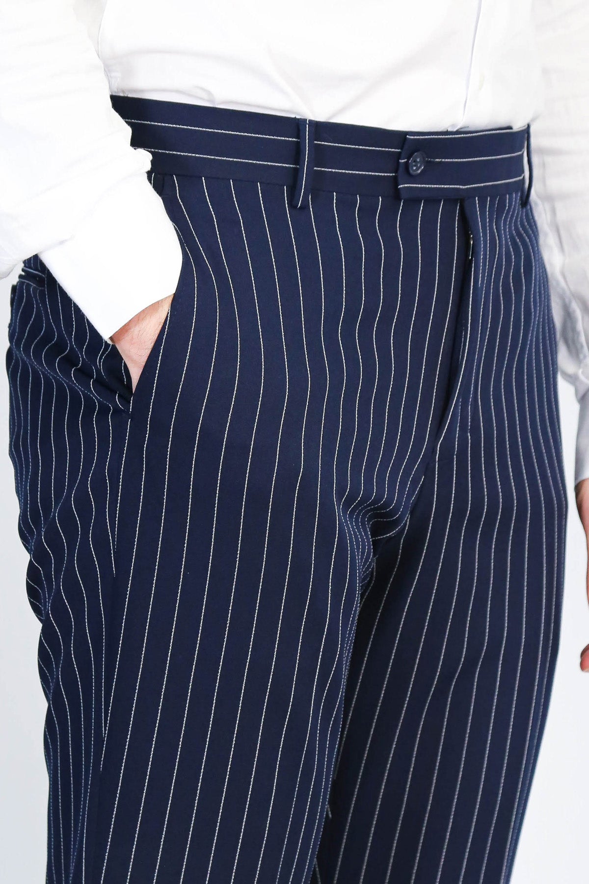 Navy Blue White Pinstripe Slim Fit Dress Trousers – front view