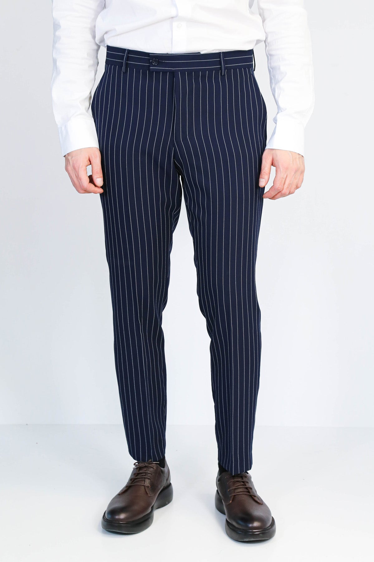 Navy Blue White Pinstripe Slim Fit Dress Trousers – detail view