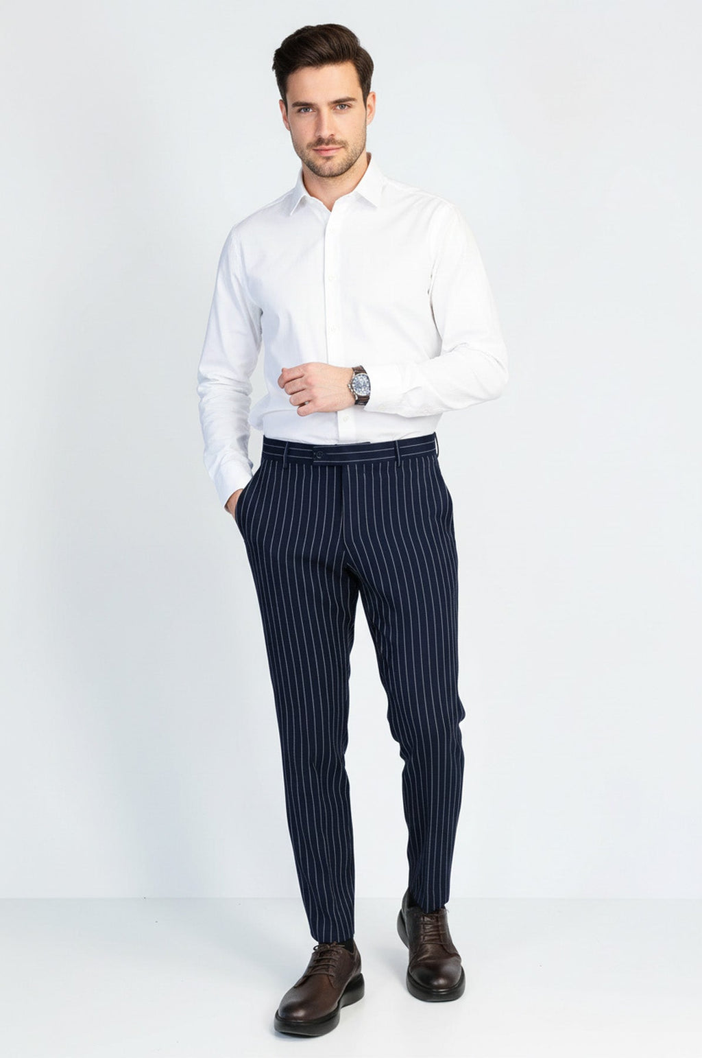 Navy Blue White Pinstripe Slim Fit Dress Trousers – styled view