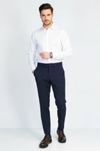 Navy Blue White Pinstripe Slim Fit Dress Trousers – styled view