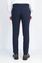 Navy Blue White Pinstripe Slim Fit Dress Trousers – close up view