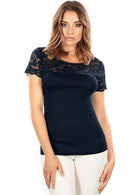 Women's Shirts Navy Blue Wool Blend Tees With Lace Egi Exclusive