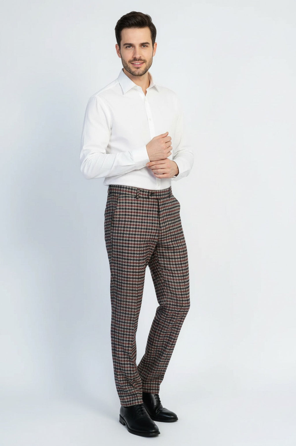 Navy Burgundy Checkered Fabric Trousers – front view