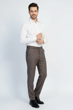 Navy Burgundy Checkered Fabric Trousers – front view